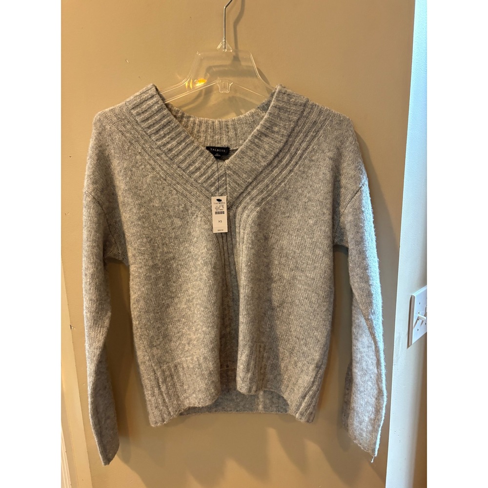 Talbots Womens Heather Grey V-Neck Wool Blend Ribbed Pullover Sweater XS NEW